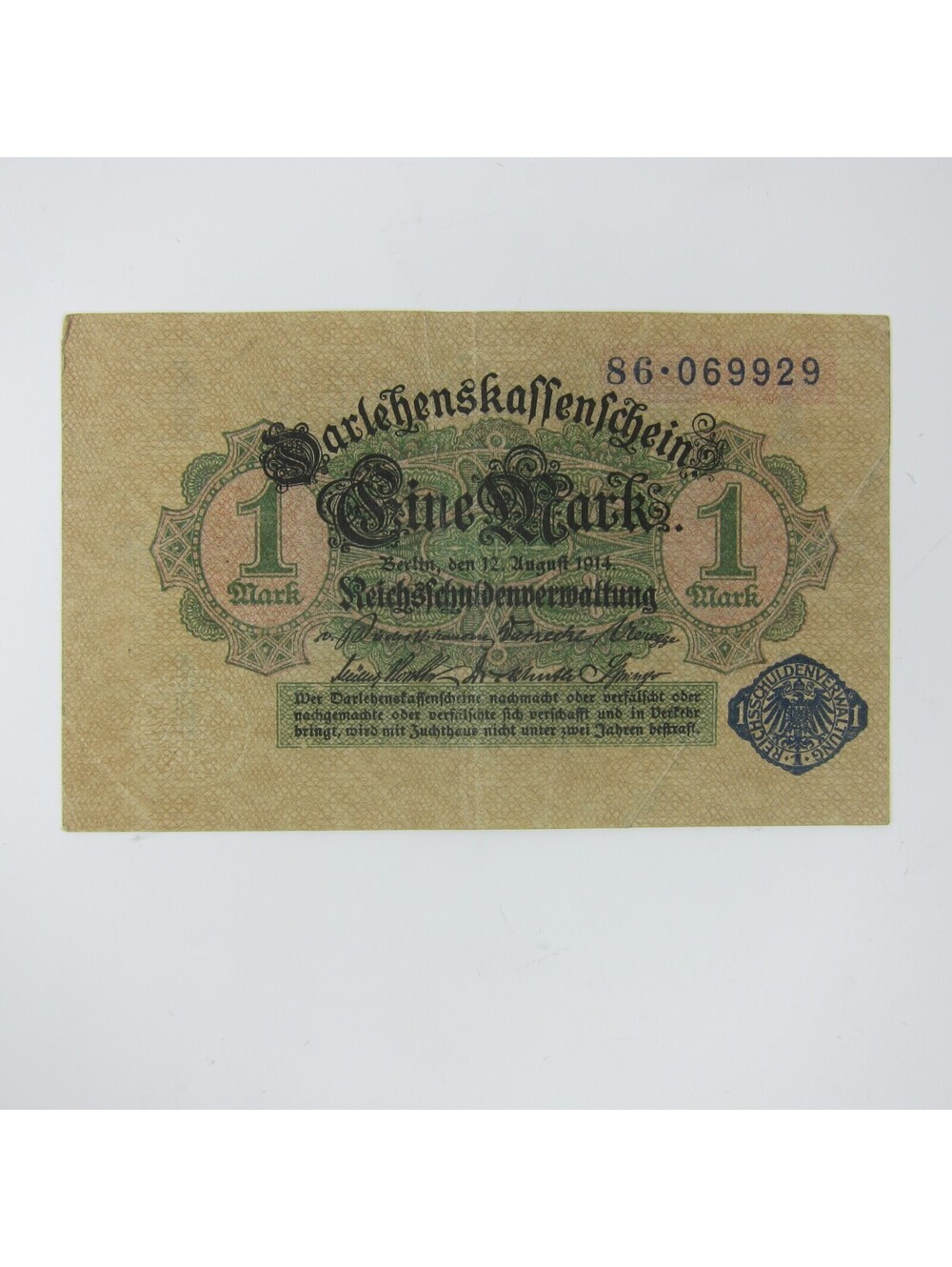 German Banknote 1 Mark 1914 Blue Seal Serial Number Paper Money Currency Antique
